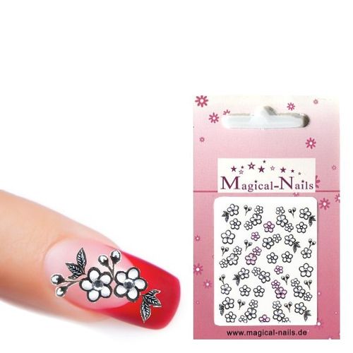 Nail-Sticker, 3D, Blumen-Weiß-Rosa-Schwarz mit Strass █▬█ Ⓞ ▀█▀