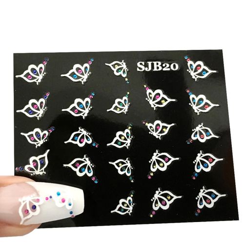 Nagel Aufkleber, Nail-Sticker selbstklebende weiße Schmetterlinge mit bunten Straßsteinen ✔