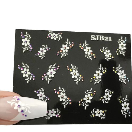 Nagel Aufkleber, Nail-Sticker selbstklebende weiße Blüten mit bunten Straßsteinen ✔