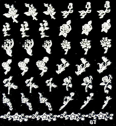 Nail Sticker, weiß mit 12 unterschiedlichen Rosen flaches Motive