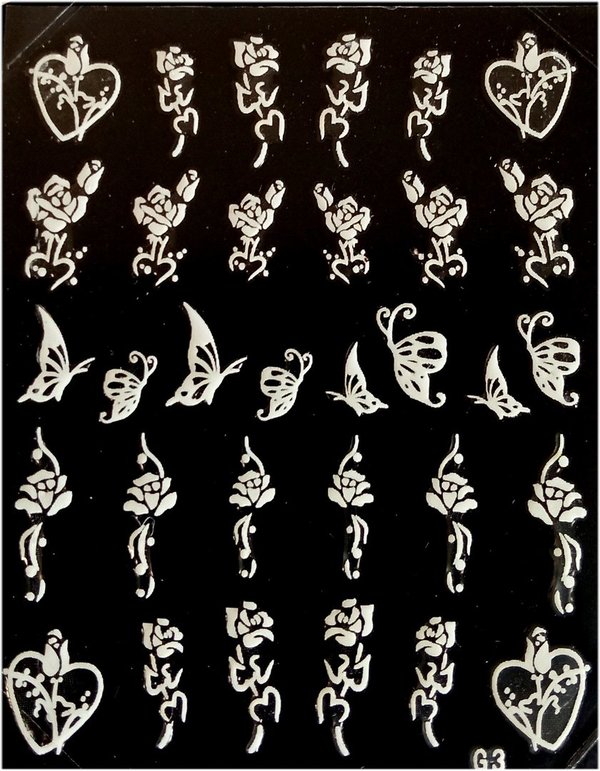 Nail Sticker Weiß - Rosen, Schmetterlinge und Herzen - selbstklebend
