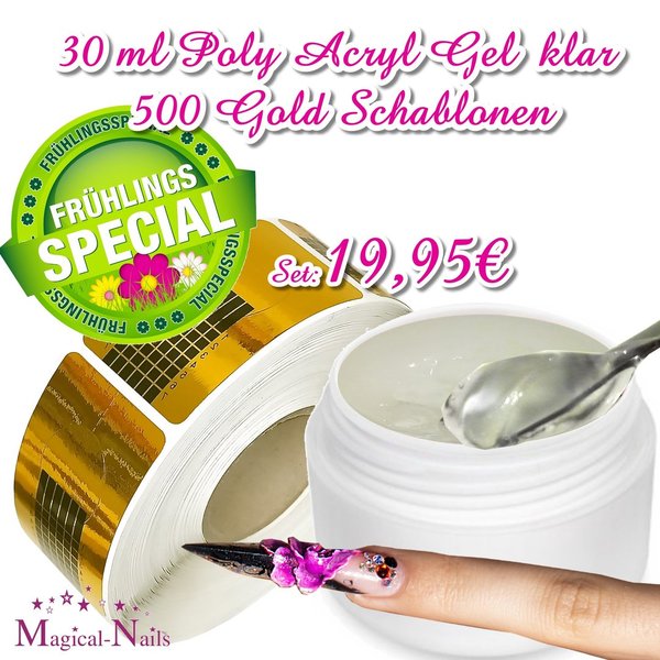Set: 30ml Poly Acryl Gel klar + 500 Goldschablonen 37% Rabatt - Magical-Nails